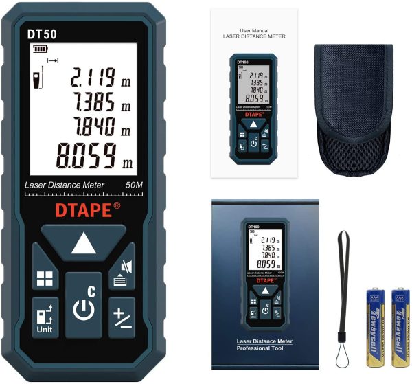 Laser Measure 50M, DTAPE DT50 Laser Distance Meter 165ft, Portable Handle Digital Measure Tool Range Finder, Larger Backlit LCD 4 Line Display IP54 Shockproof Battery Included