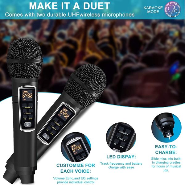 Karaoke Machine,Portable Bluetooth PA System With 2 Wireless microphone,Speaker with Mobile phone holder/USB/TF Card/AUX In,for home party,Meeting, Wedding, Church, Picnic, Outdoor/Indoor [Black]