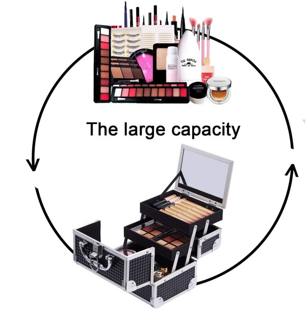 Joligrace Girls Makeup Box with Mirror Vanity Case Jewelry Organiser Nail Box Cosmetic Case Light Weight, 2 Trays Lockable with Keys (Black) - Image 3