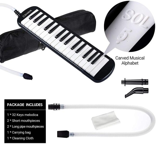 CAHAYA Melodica Instrument 32 Key FDA Approved Piano Style Portable with Double Plastic Flexible Long Pipe, Short Mouthpieces and Carrying Bag, CY0050-1