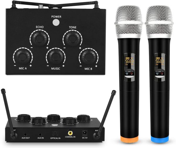 Portable Karaoke Microphone Mixer System Set with Dual UHF Wireless Mic, 3.5mm AUX/Optical/Coaxial in Singing Receiver for KTV, Amplifier, Speaker - Image 2