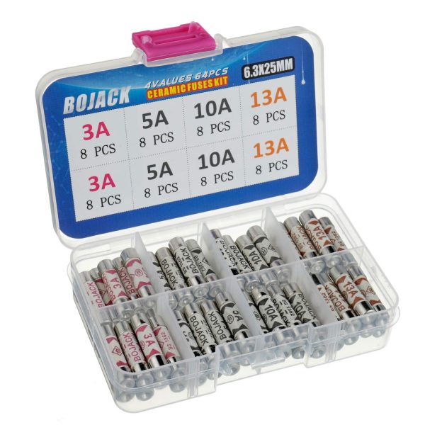 BOJACK 4 Values 64 pcs 3 5 10 13 A amp 240 V Volt Household Mains Plug Fuse 6.3x25 mm 0.25x1Inch BS1362 Ceramic Tube Cartridge Fuses Assortment Kit packag in a Clear Plastic Box - Image 3