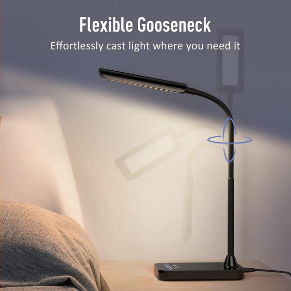 LED Desk Lamp, Bedside Reading Lamps 5 Light Modes x 7 Brightness Levels, Desk Lamps with USB Charging Port, Memory Function, Desk Lamp Black Adjustable Gooseneck for Bedroom, Bedside Table & Study 7W - Image 5