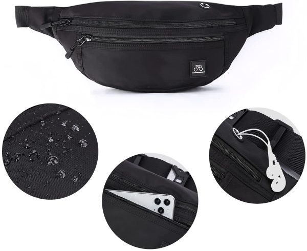 Large Waterproof Waist Bag Bumbags for Men Women Ladies Black Fanny Pack for Travel Festival Walking Sport Running Outdoor Gym Workout Exercise Black Hip Pouch Money Belt Bag with Adjustable Strap1 - Image 2