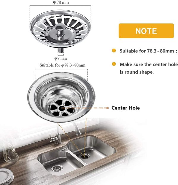 Kitchen Sink Strainer Plug Stainless Steel Thicken for Kitchen Sink, Hole Diameter 78mm - Image 4