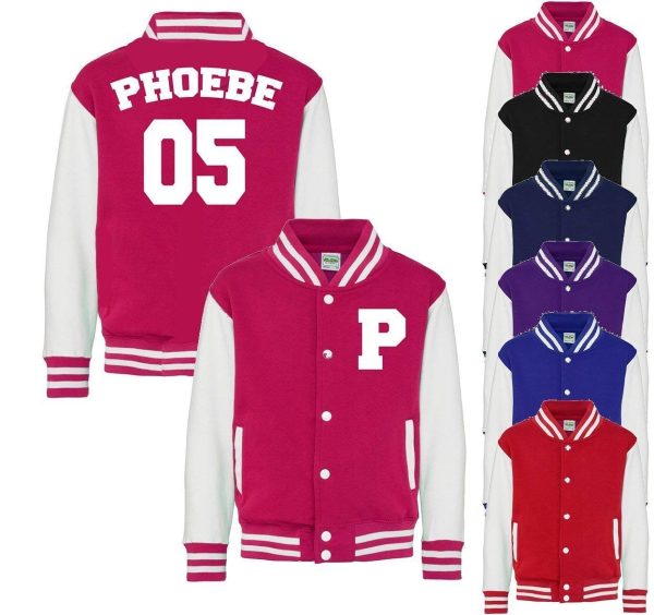 Personalised Name and Number Initials Kids Varsity Jacket American Style Collage Jacket Kids Personalised Jackets Boys Hoodie Girls Jackets Boys Jackets