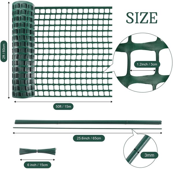 Plastic Garden Fencing Roll Safety Construction Outdoor Mesh Fence Garden Netting 2 Feet x 50 Feet 1.2 Inch Mesh with 15 Pcs Coated Iron Wire Support Stakes 100 Pcs Cable Ties for Gardening (Green) - Image 2