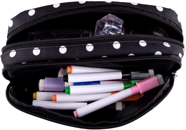 Pencil Case Black with White Dot Large Capacity Pen Case Double Zippers Pen Bag Office Stationery Bag Cosmetic Bag with Compartments for Girls Boys and Adults - Image 4