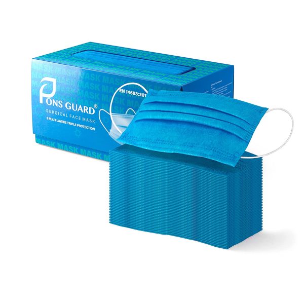 Pons Guard Surgical Masks. Premium Aqua Blue High Quality Disposable Face Masks. Aqua Blue Medical Face Masks. EN 14683:2019 + Ac:2019 Type IIR / 3 Ply. Face Masks Pack Of 50.Fluid Resistant. - Image 7