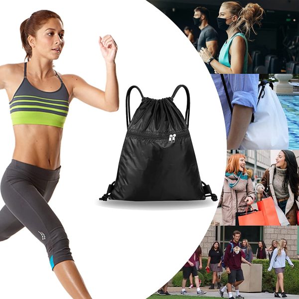 Drawstring Bag String Gym Sack Drawstring Sports Bag Swim Men Women Sack Outside Pocket Zipper PE Backpack Beach School Holidays Swimming Travel Boy Girl Waterproof (Black) - Image 2