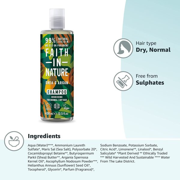 Faith In Nature Natural Shea and Argan Shampoo, Nourishing, Vegan and Cruelty Free, No SLS or Parabens, For Normal to Dry Hair, 400 ml - Image 2