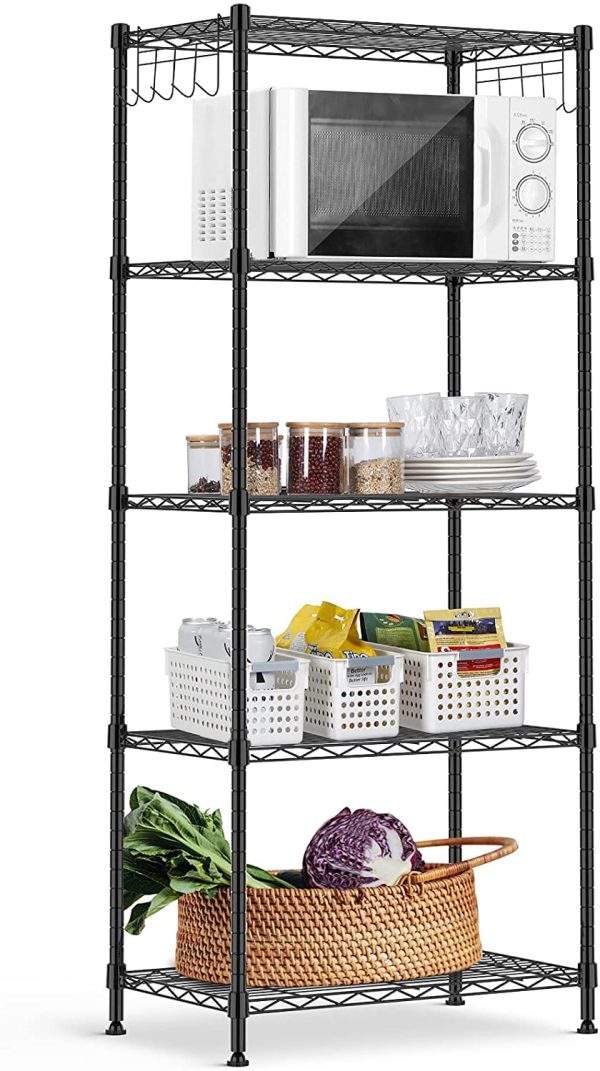 alvorog 5 Tier Shelving Units for Storage, Multipurpose Storage Shelves with 10 Hooks, Adjustable Height, Heavy Duty Metal Structure Organizer Pantry Shelves for Bathroom Kitchen Garage(59X34X150cm) - Image 6