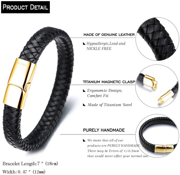 HALUKAKAH Kids ?? Solo Junior ?? Boy's Genuine Leather Bracelet Classic Black 6-12 Y/O. Golden Titanium Magnetic Clasp 7"/18cm with Free Giftbox