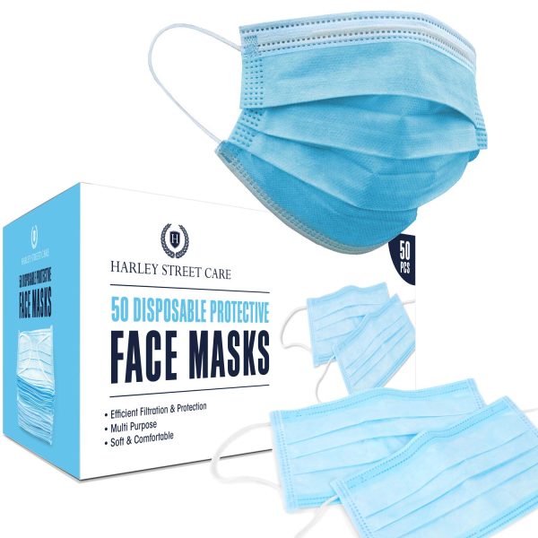 Harley Street Care Disposable Blue Face Masks Protective 3 Ply Breathable Triple Layer Mouth Cover with Elastic Earloops (Pack of 50) - Image 4