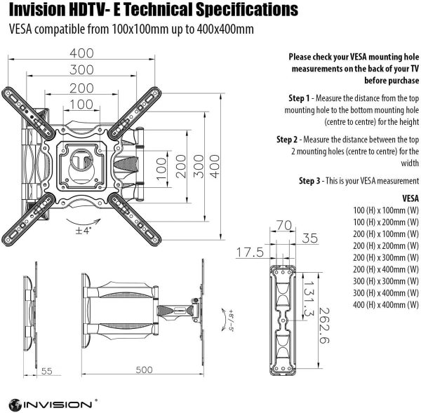 Invision TV Wall Bracket Mount for 24-55 Inch Screens, VESA 100x100mm up to 400x400mm, Tilts Swivels & Extends for Flat & Curved TVs, Includes Spirit Level, Weight Capacity 36.2kg (HDTV-E) - Image 3