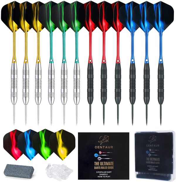 CENTAUR 12 Pack Steel Tip Darts, Professional 22 Grams Metal Dart Set with 4 Color Premium  and 4 Style PET Flights and Dart Case, Silver & Black?? - Image 4