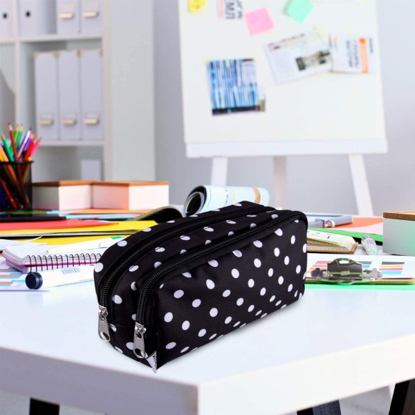 Pencil Case Black with White Dot Large Capacity Pen Case Double Zippers Pen Bag Office Stationery Bag Cosmetic Bag with Compartments for Girls Boys and Adults - Image 6