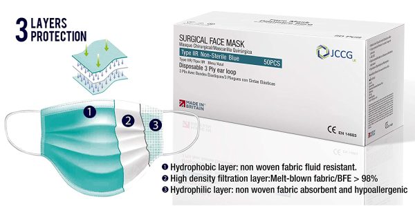 UK Manufactured Type IIR Surgical Face Mask, Medical grade Fluid Resistant, 98% Filtration, Comfortable, High Breathability, Soft ear loop, EN 14683, Single Use, Box of 50 | JCCG UK Brand - Image 3