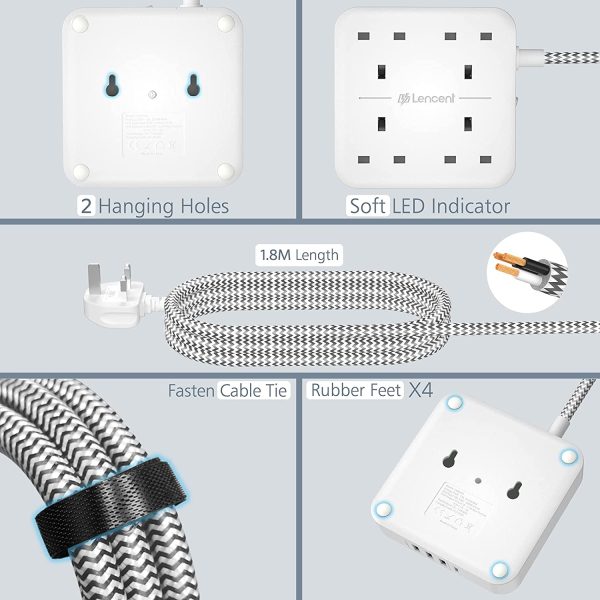 LENCENT Extension Lead with USB C Port, 3250W 13A, 4 Way Outlets Power Strip with 1 USB-C and 3 USB Slots, Multi Power Plug Extension with 1.8M Braided Extension Cord for Home Office, White - Image 4