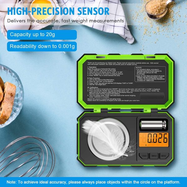 Digital Pocket Scale, 20g/0.001g Milligram Scale, Portable Jewelry Scale with 20g Calibration Weights and Tweezers, High Precision Scale with Tare and PCS Features for Chiristmas Green - Image 6