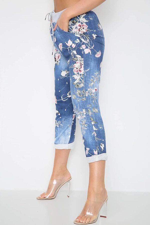 Crazy Fashion Women??s Ladies Denim Joggers Star Printed Sweatpants Floral Ribbed Waistband Trousers Ladies Casual Summer Drawstring Italian Gym Running Pants Plus Size 8-26 - Image 4