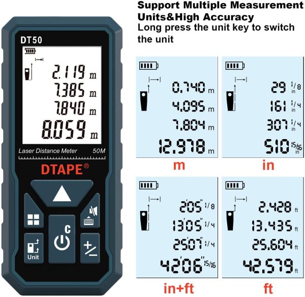 Laser Measure 50M, DTAPE DT50 Laser Distance Meter 165ft, Portable Handle Digital Measure Tool Range Finder, Larger Backlit LCD 4 Line Display IP54 Shockproof Battery Included - Image 2