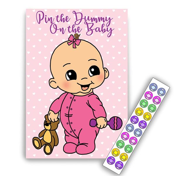 Pin the Dummy on the Baby - Pink/Girl- 20 Players - Baby Shower Party Game!