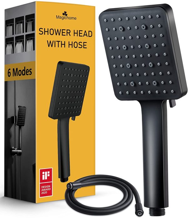 Magichome Shower Head and Hose Set 1.5M, Universal Handheld Shower Head High Pressure with 6 Spray Modes for Low Water Pressure??Black??