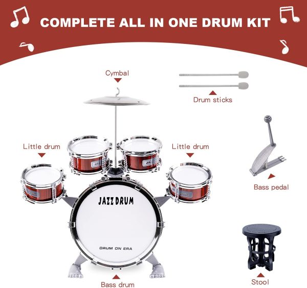 Junior Kids Drum Kit??Toddler Jazz Drum Toy 5 Drums & Cymbal Kit with Stool Mini Band Rock Set - Realistic Design Musical Instrument Percussion Toy Xmas Gift for Beginners Boys Girls, Red