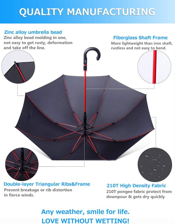 55 Inchs Golf Umbrella Windproof for Men Ladies Walking Stick Umbrellas Large Automatic Open for 2 Persons with Fiberglass Ribs and 210T PG Water-Repellent Fabric, Auto Open Umbrella Long Umbrella - Image 5