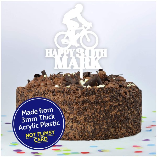 Happy Birthday Bicycle Cycling Cake Topper Decoration - PERSONALISED Mountain Bike ANY Age ANY Name Cake Toppers for Him, Son, Boys, Dad, Grandad, Kids - Gold Silver Black Wood Cake Decoration - Image 6