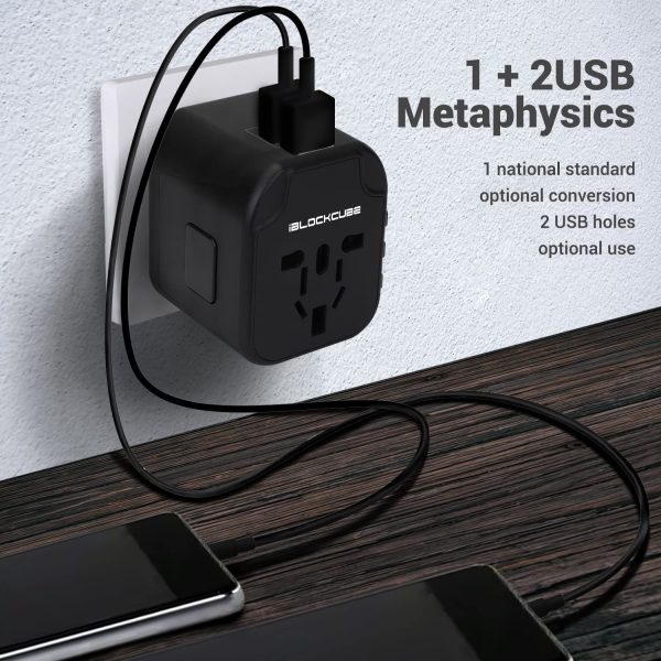 iBlockCube Worldwide Travel Plug Adapter with 2 USB 2.4A Charging Ports, International Universal AC Socket, Dual Safety Fuse, Chip Protector for US UK EU AU Mobile Phone Tablet Laptop Gadget (Black) - Image 5