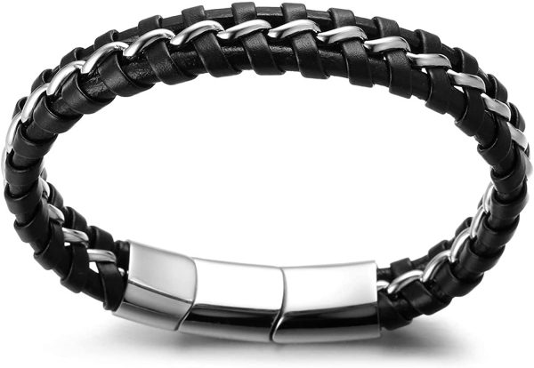 HALUKAKAH Kids ?? Solo Junior ?? Boy's Genuine Leather Bracelet Black 6-12+3 Y/O. Titanium Silver Chain Magnetic Clasp Size Adjustable 7"-7.7"(18-19.5cm) with Free Giftbox - Image 4