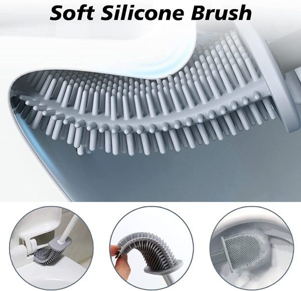 Toilet Brush and Holder, Deep Cleaner Silicone Toilet Brush, No-Slip Long Handle and Flexible Bristles, Quick Drying,UPGRADED Flooring/Wall Mounted Toilet Bowl Cleaning Brush Kit for Bathroom (grey) - Image 5