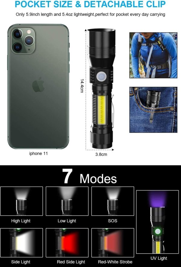 Black Light Rechargeable Torches,  3 in 1 UV Torches Super Bright Waterproof LED USB Torch with 7 Modes [2 Pack] - Image 6