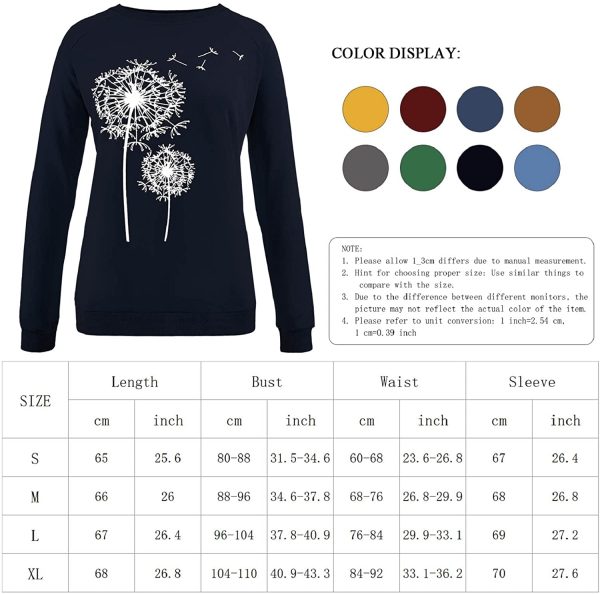 heekpek Sweatshirt Women Long Sleeve Tunic Tops Crewneck Jumper For Women Dandelion Shirt Print Sweatshirt Cotton Long Sleeves Tops Pullover Oversized Blouse - Image 4