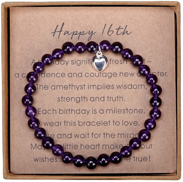 Giuesytic Gifts for 16 Year Old Girl Amethyst Bead Bracelet with Sterling Silver Heart Charm Sweet 16 Gifts for Girls with Card and Gift Box - Image 7