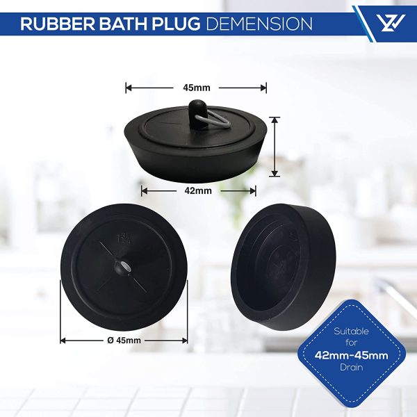 Bath Plug 45mm (1.3/4 Inch) Made of Durable Black Rubber- Sink Stopper Rubber Sink Plug with Hook for Kitchen Sink Drain Bathtub Bathroom Basin Holes (Pack of 2) - Image 7