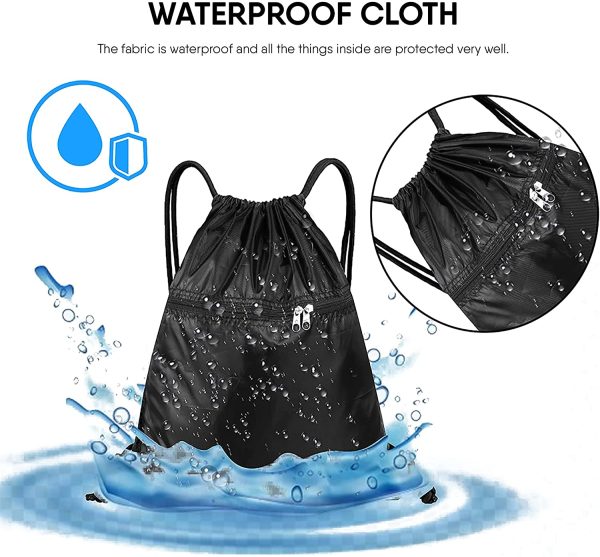 Drawstring Bag String Gym Sack Drawstring Sports Bag Swim Men Women Sack Outside Pocket Zipper PE Backpack Beach School Holidays Swimming Travel Boy Girl Waterproof (Black) - Image 7