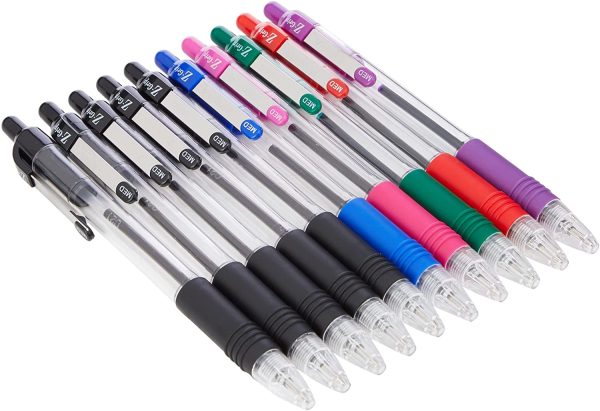 Pen Z-Grip Retractable Ballpoint Pen, Medium Point, 1.0mm, Black, Blue, Red, Green, Pink and Violet Ink, 10-Pack