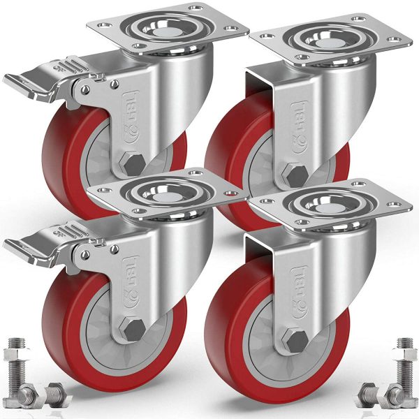 GBL Heavy Duty Castor Wheels with 2 Brakes + Screws - 100mm up to 600KG - Pack of 4 No Floor Marks Silent Caster for Furniture - Rubbered Trolley Wheels - Silver Castors - Image 5