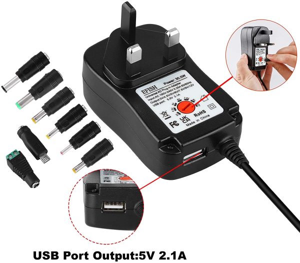 EFISH International Power Adapters Multifunctional Portable Power Transformers (Included USB),AC Supply Adapter 100-240V to DC 3V/4.5V/5V/6V/7.5V/9V/12V-MAX 2A (2000mA)+8 Different Plugs