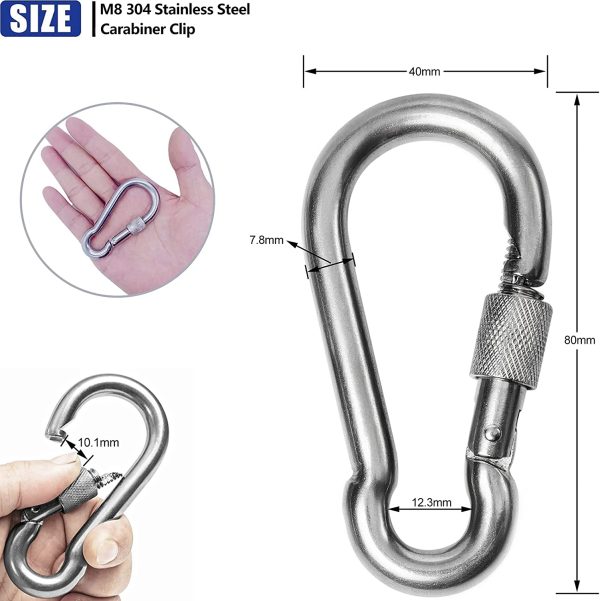 dismboon M8 Safe Lock Carabiner Clip, Heavy Duty 304 Stainless Steel Snap Hook Carabiner Hook for Outdoor Climbing Hiking Camping Fishing Boats Backpacks Chains Hanging Swing Hammock - Image 8