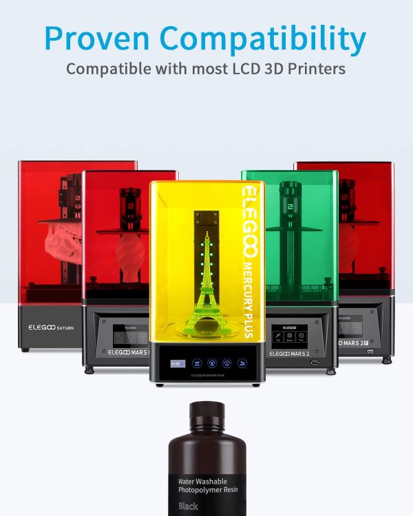 ELEGOO Water Washable 3D Printer Resin 1000g Black, 405nm Rapid UV Resin Fast-Curing Photopolymer Resin for LCD/DLP 3D Printer