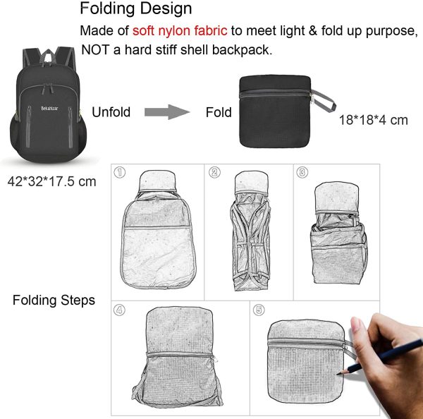 Bekahizar 20L Ultra Lightweight Backpack Foldable Hiking Daypack Rucksack Water Resistant Travel Day Bag for Men Women Kids Outdoor Camping Mountaineering Walking Cycling Climbing - Image 7