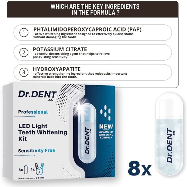 DrDent Professional LED Teeth Whitening Kit - Sensitivity Free Formula - 8 Teeth Whitening Gel Pods 33.6ml - Helps to Remove Stains - Includes Mouth Tray & Shade Guide - Rapid & Effective Results - Image 5