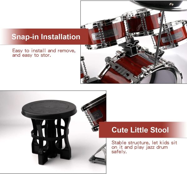 Junior Kids Drum Kit??Toddler Jazz Drum Toy 5 Drums & Cymbal Kit with Stool Mini Band Rock Set - Realistic Design Musical Instrument Percussion Toy Xmas Gift for Beginners Boys Girls, Red - Image 2