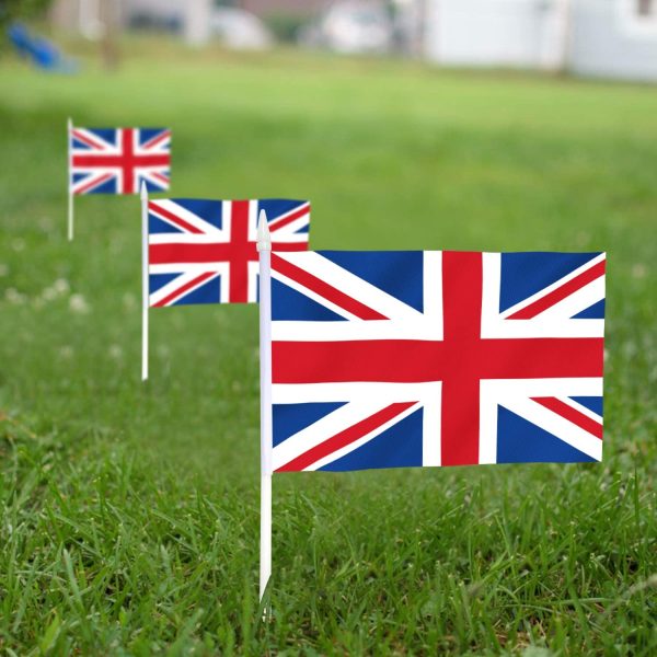 British Union Jack Stick Flag, ANLEY Great Britain 5x8 inch (12 X 20cm) HandHeld Mini Flag With 12" (30cm) White Solid Pole - Vivid Color and Fade Resistant - UK 5 x 8 inch Hand Held Flags With Spear