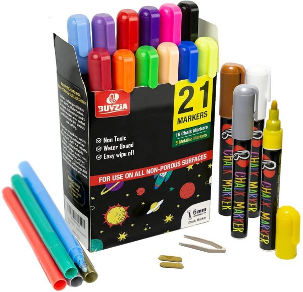 Buyzia Liquid Chalk Pens 6mm 21 Pack (16 Neon + 5 metallic Markers) for Non Porous Surfaces Reversible Tip - Image 4