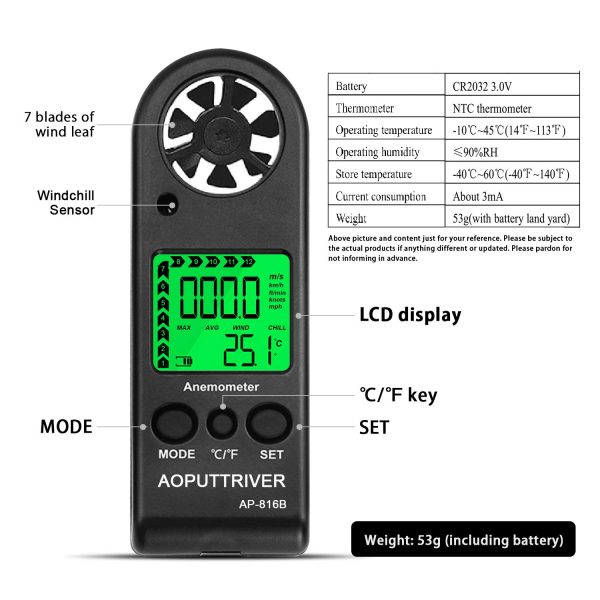 Digital Anemometer Handheld Wind Speed Meter for Measuring Wind Speed, Temperature and Max/Average/Current, High Precision, Measuring for Windsurfing Sailing Fishing Outdoor Activities-AP-816B(Black)